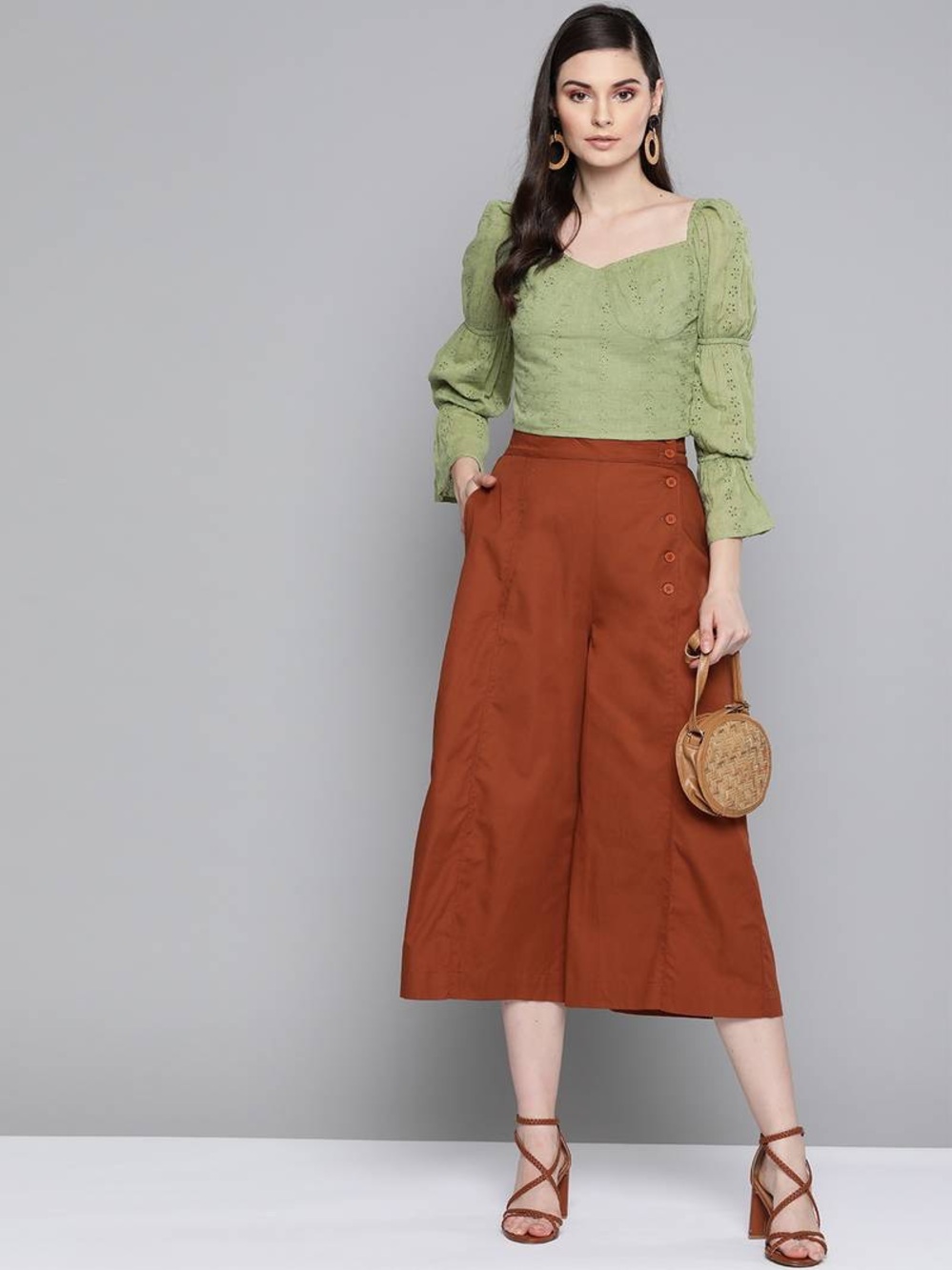 Square Neck Eyelet Crop Top in Sage Green